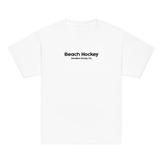 White youth beach hockey t-shirt front view with Beach Hockey Sandbar Hockey Co. text on the chest.