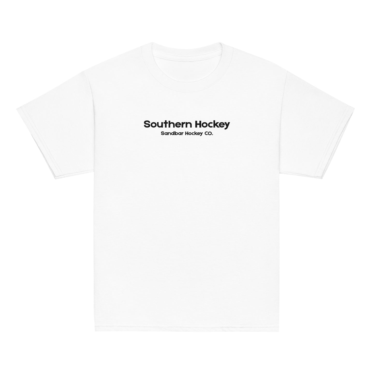White youth southern hockey t-shirt front view with Southern Hockey Sandbar Hockey Co. text on the chest.