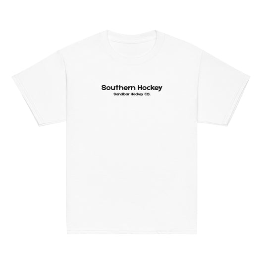 White youth southern hockey t-shirt front view with Southern Hockey Sandbar Hockey Co. text on the chest.