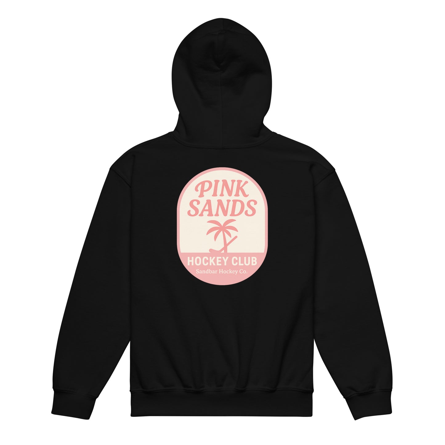 Black youth hockey hoodie back side with Pink Sands Hockey Club graphic 