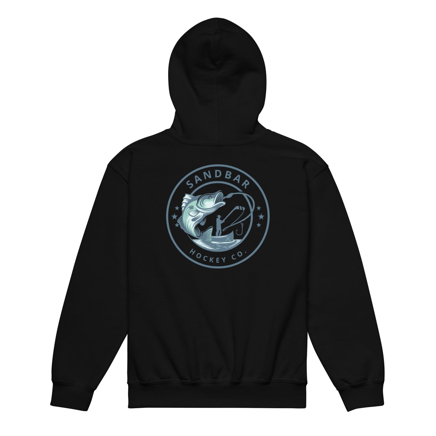 Black youth fishing hockey hoodie back side with large circular bass fishing logo and fisherman holding hockey stick silhouette