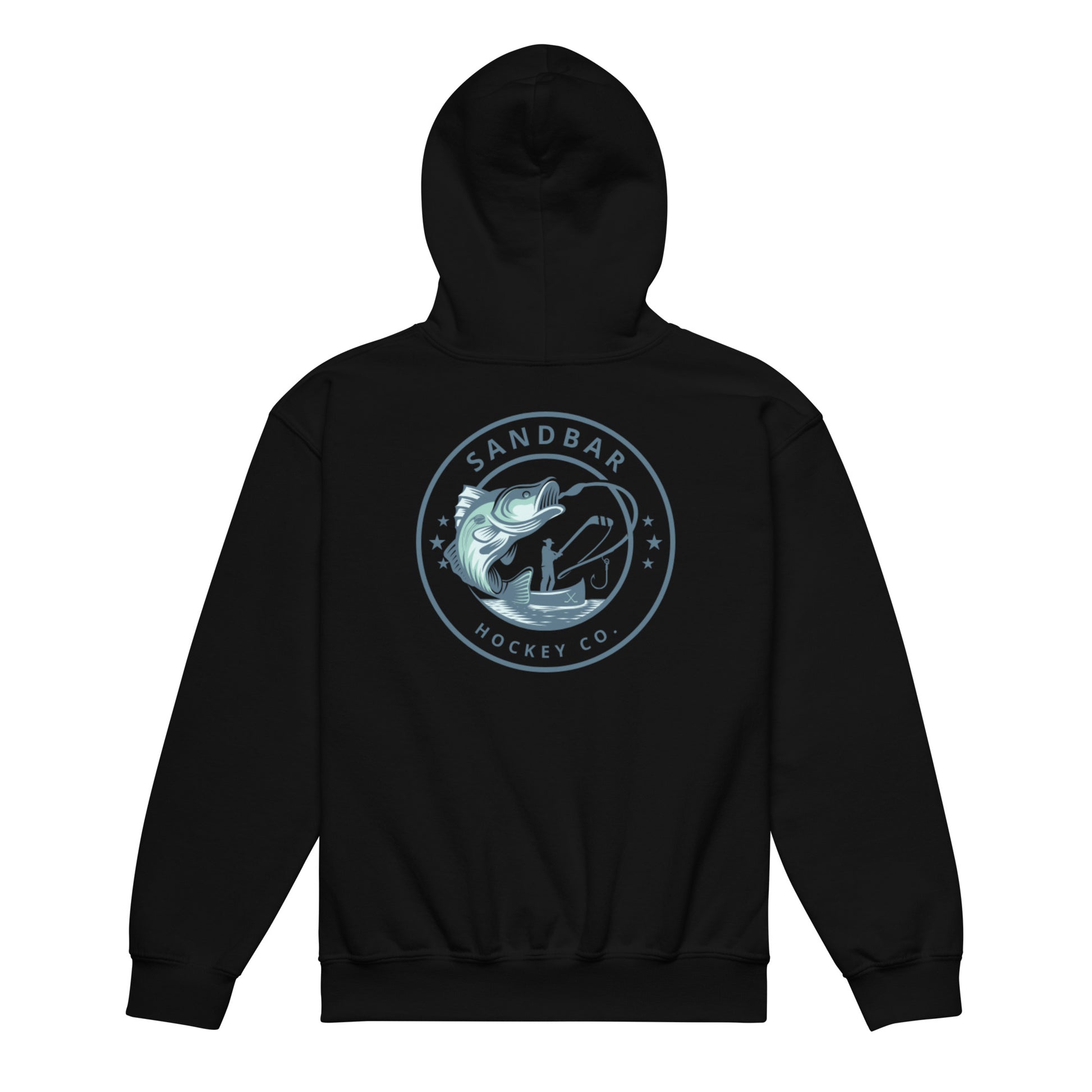 Black youth fishing hockey hoodie back side with large circular bass fishing logo and fisherman holding hockey stick silhouette