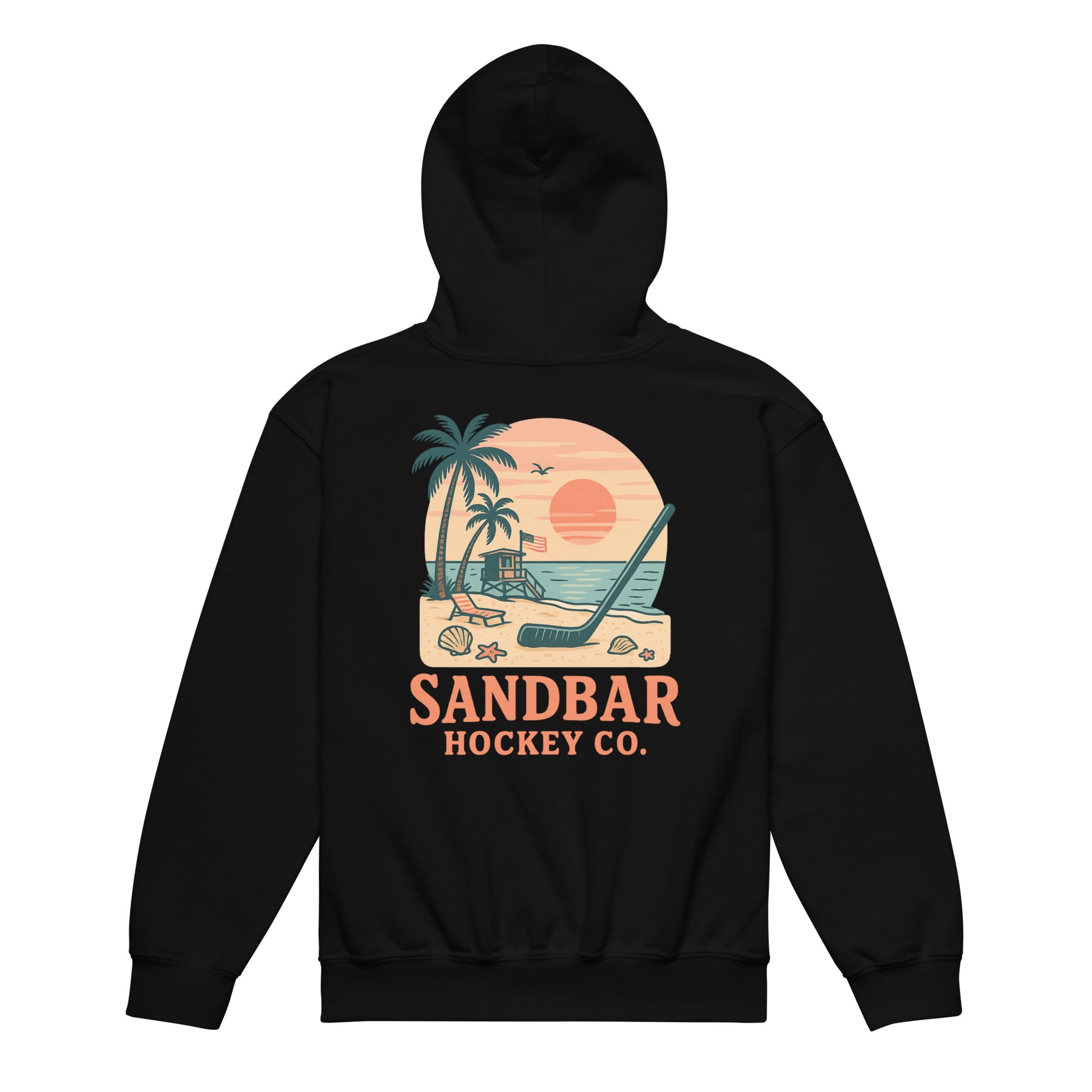 Black youth hockey hoodie back side with beach sunset graphic, palm trees, lifeguard stand, hockey stick, and Sandbar Hockey Co. text