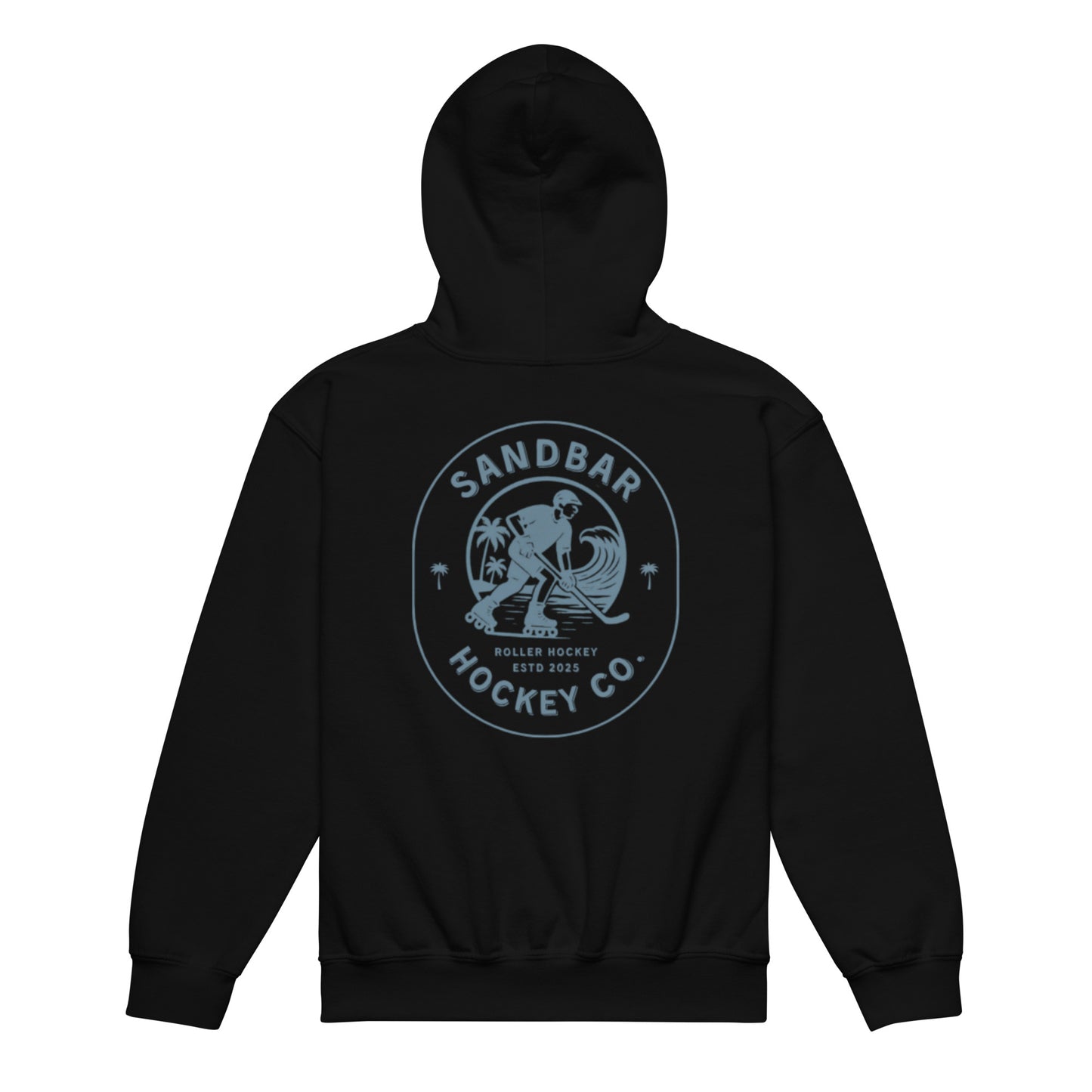 Black youth roller hockey hoodie back side with large circular roller hockey graphic featuring skater, ocean wave, palm trees, and Sandbar Hockey Co. text