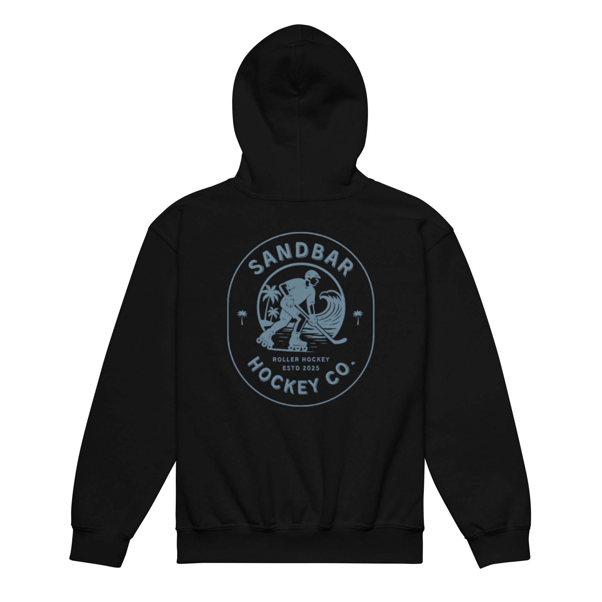 Black youth roller hockey hoodie back side with large circular roller hockey graphic featuring skater, ocean wave, palm trees, and Sandbar Hockey Co. text