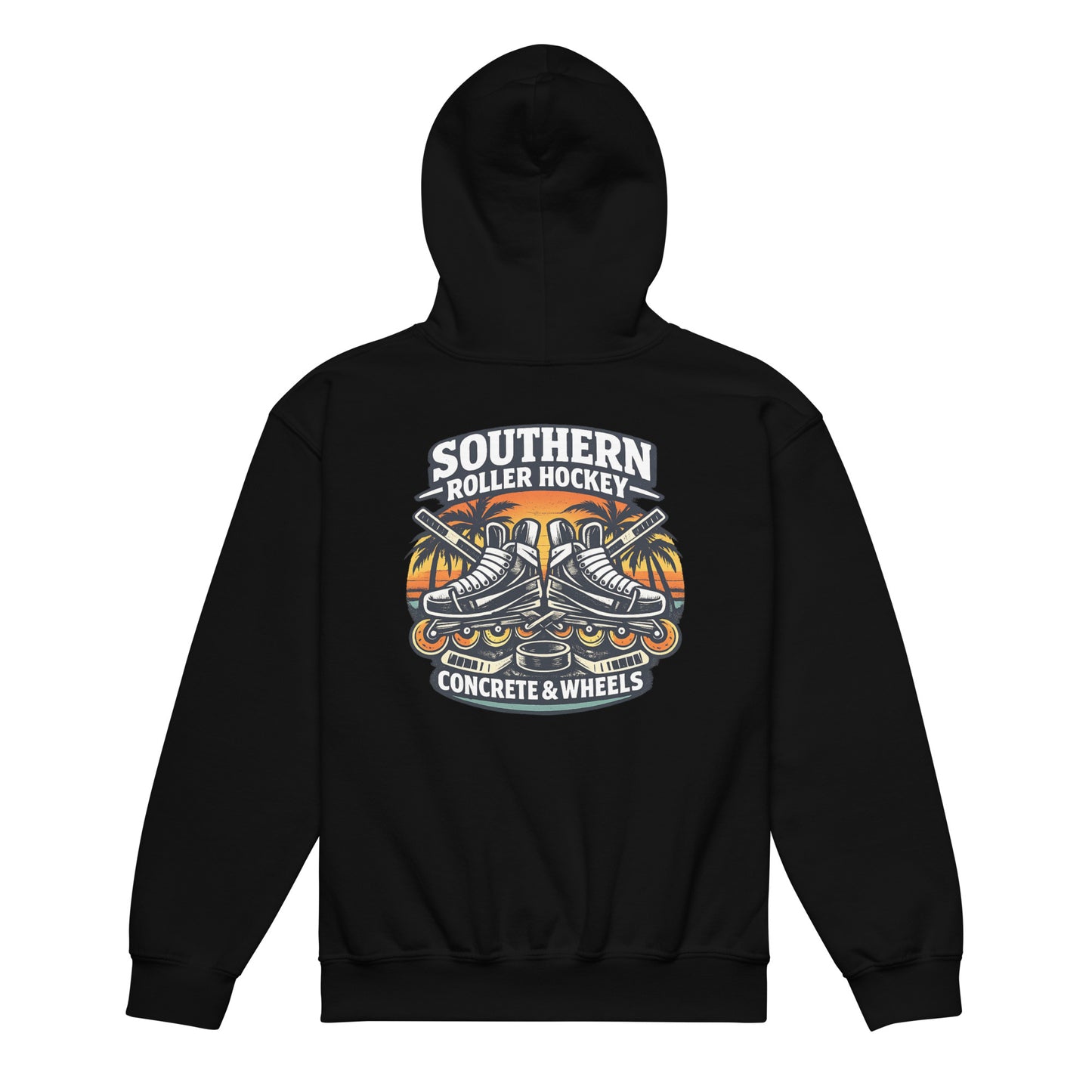 Black youth southern roller hockey hoodie back view with Southern Roller Hockey Concrete & Wheels graphic featuring inline skates, palm trees, sticks, and puck.