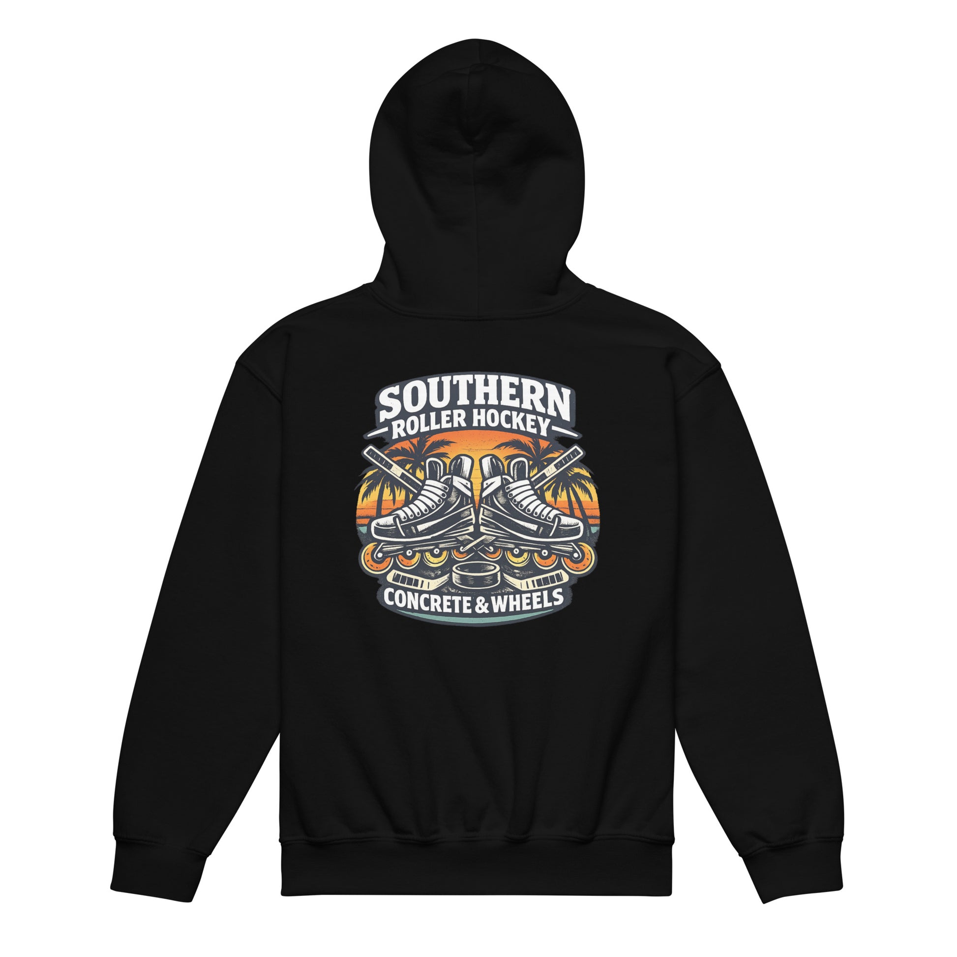 Black youth southern roller hockey hoodie back view with Southern Roller Hockey Concrete & Wheels graphic featuring inline skates, palm trees, sticks, and puck.