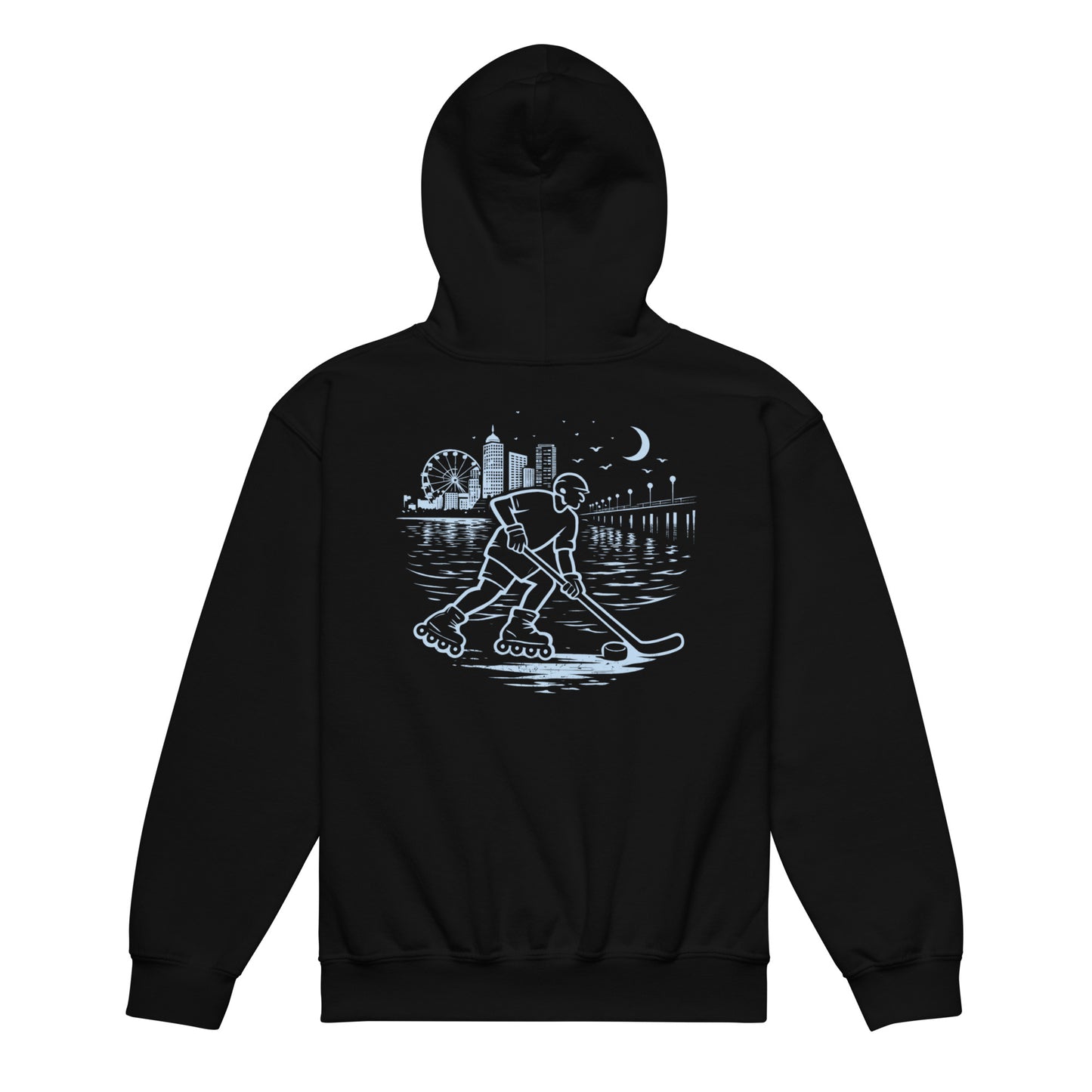 Youth black roller hockey hoodie back view with baby blue waterfront roller hockey graphic featuring a skater, city skyline, ferris wheel, pier, moon, and water reflections.