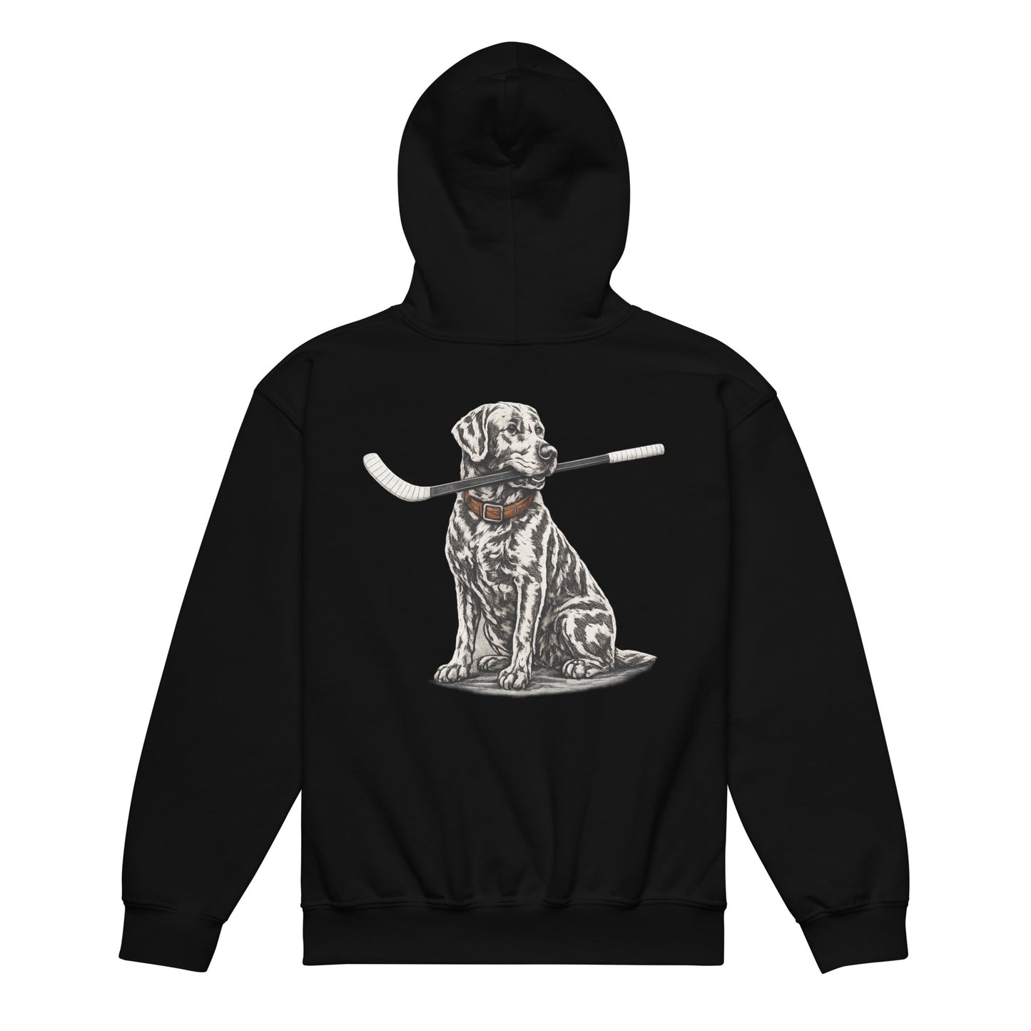 Black youth hockey hoodie shown from the back, featuring the dog graphic holding a hockey stick across the back.