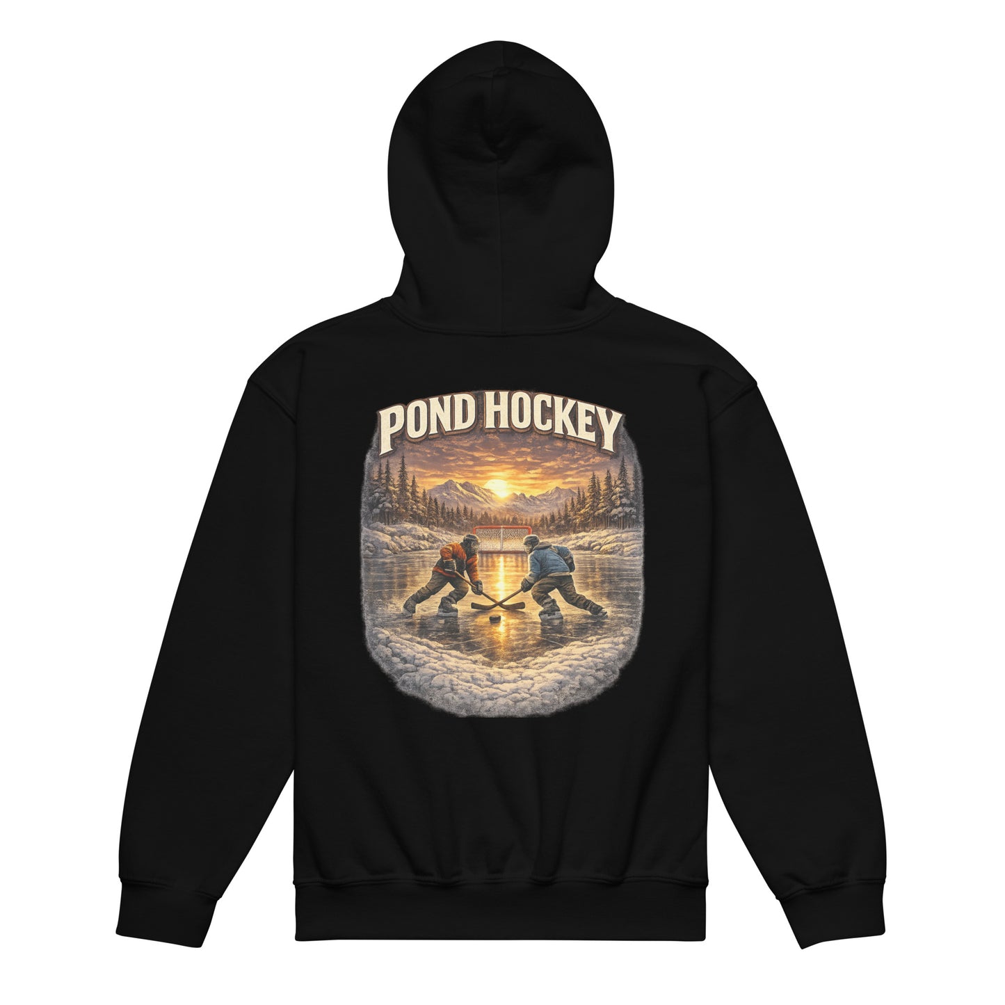 Black youth hoodie with a large back graphic showing two hockey players on a frozen pond at sunset, with mountains, pine trees, a goal net, and “POND HOCKEY” in bold lettering above.
