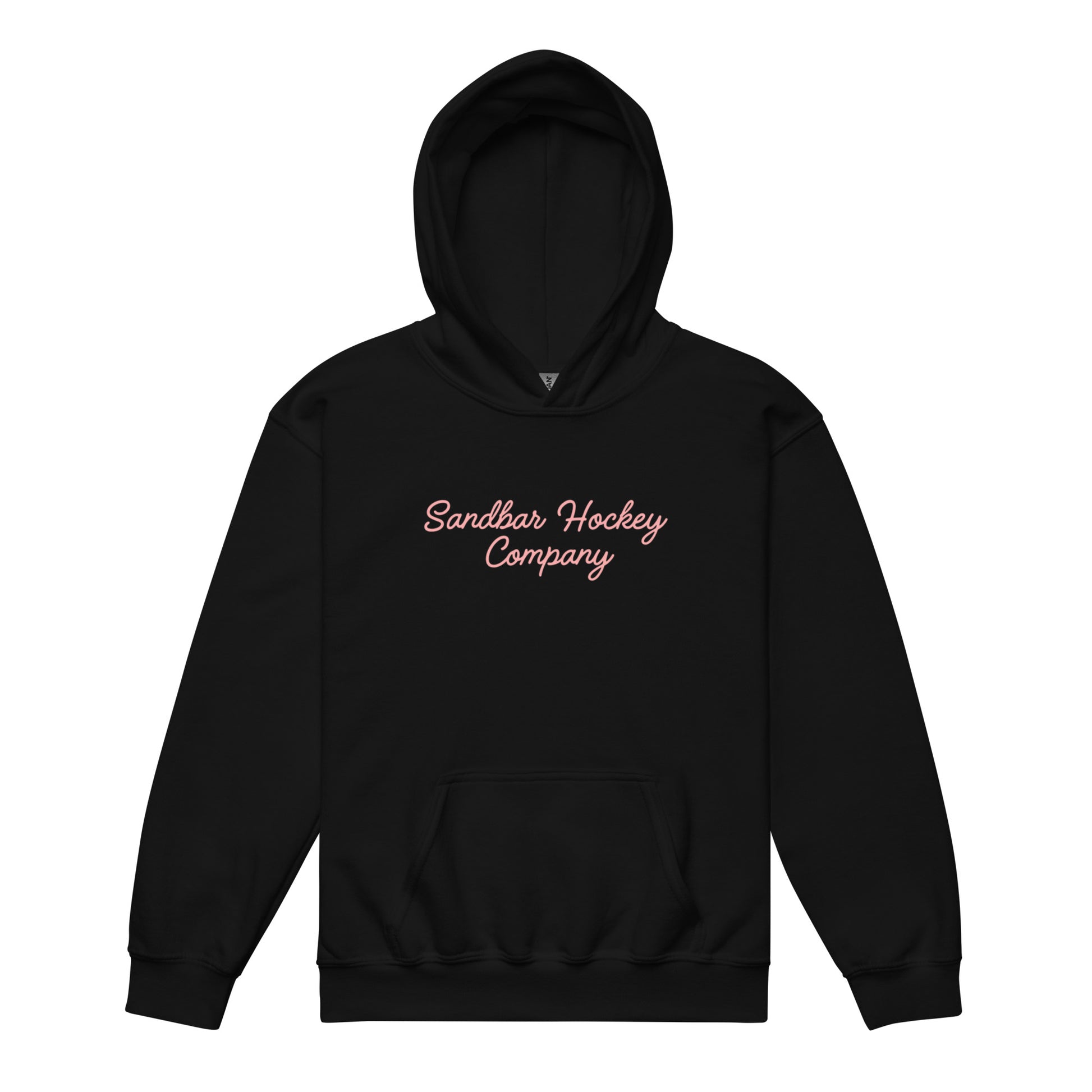 Black youth hockey hoodie front side with pink Sandbar Hockey Company cursive logo