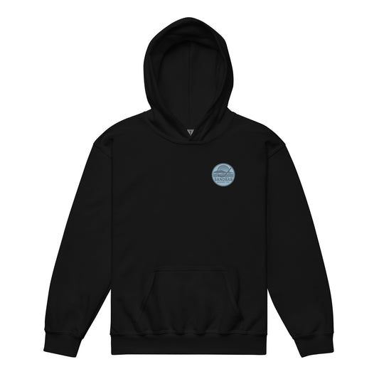 Black youth fishing hockey hoodie front side with small blue Sandbar Hockey logo