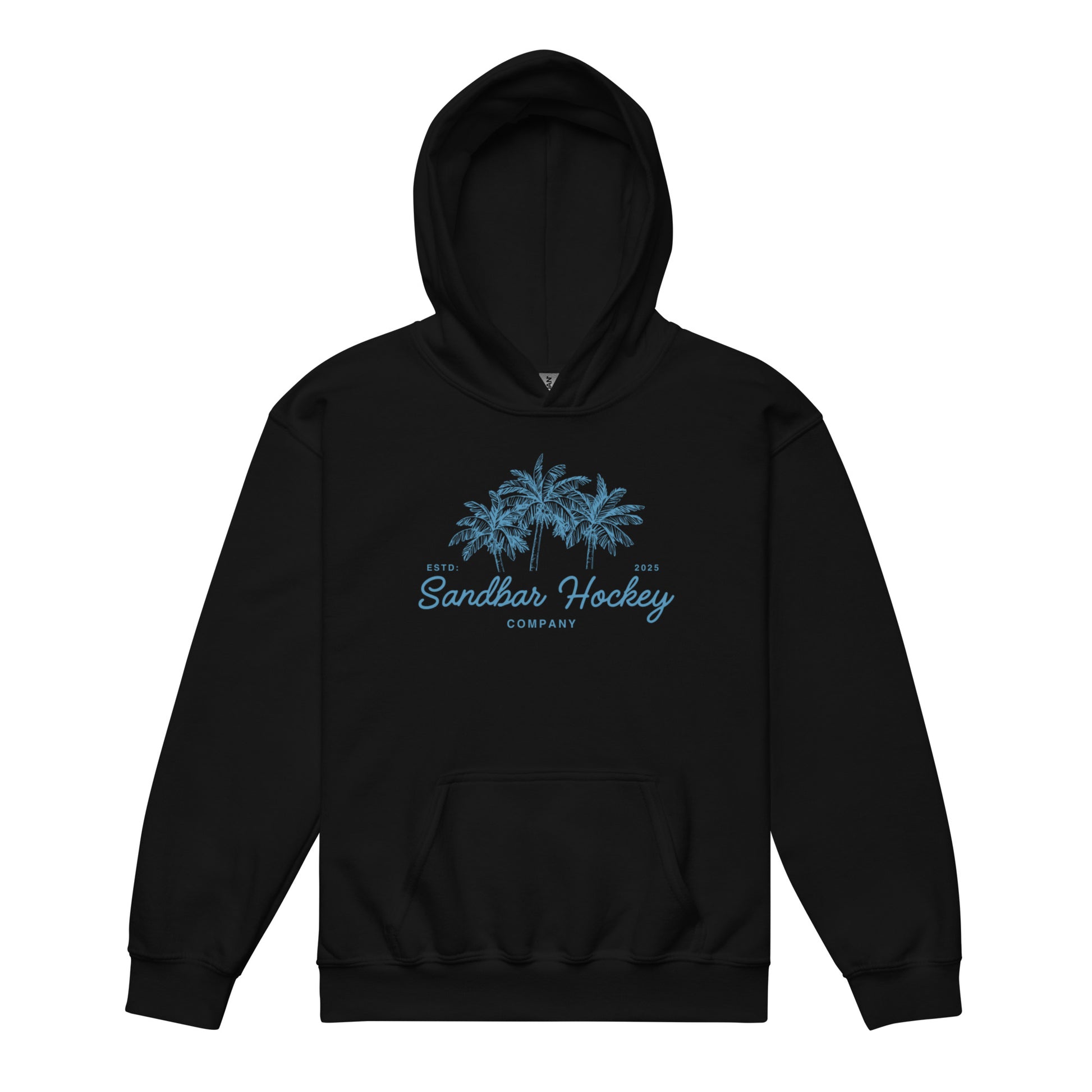 Black youth hockey hoodie front side with blue palm tree graphic and Sandbar Hockey Company cursive logo