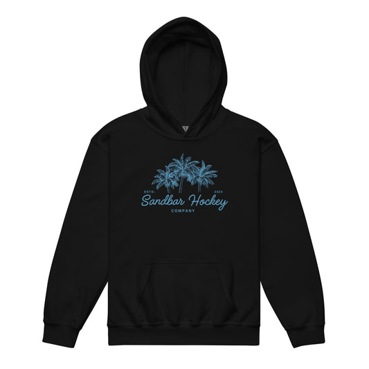 Black youth hockey hoodie front side with blue palm tree graphic and Sandbar Hockey Company cursive logo