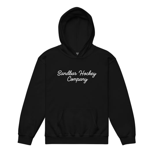 Black youth southern roller hockey hoodie front view with Sandbar Hockey Company script on the chest.