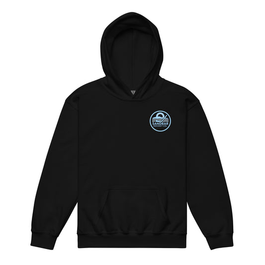 Youth black roller hockey hoodie front view with baby blue Sandbar Hockey Co. chest logo.