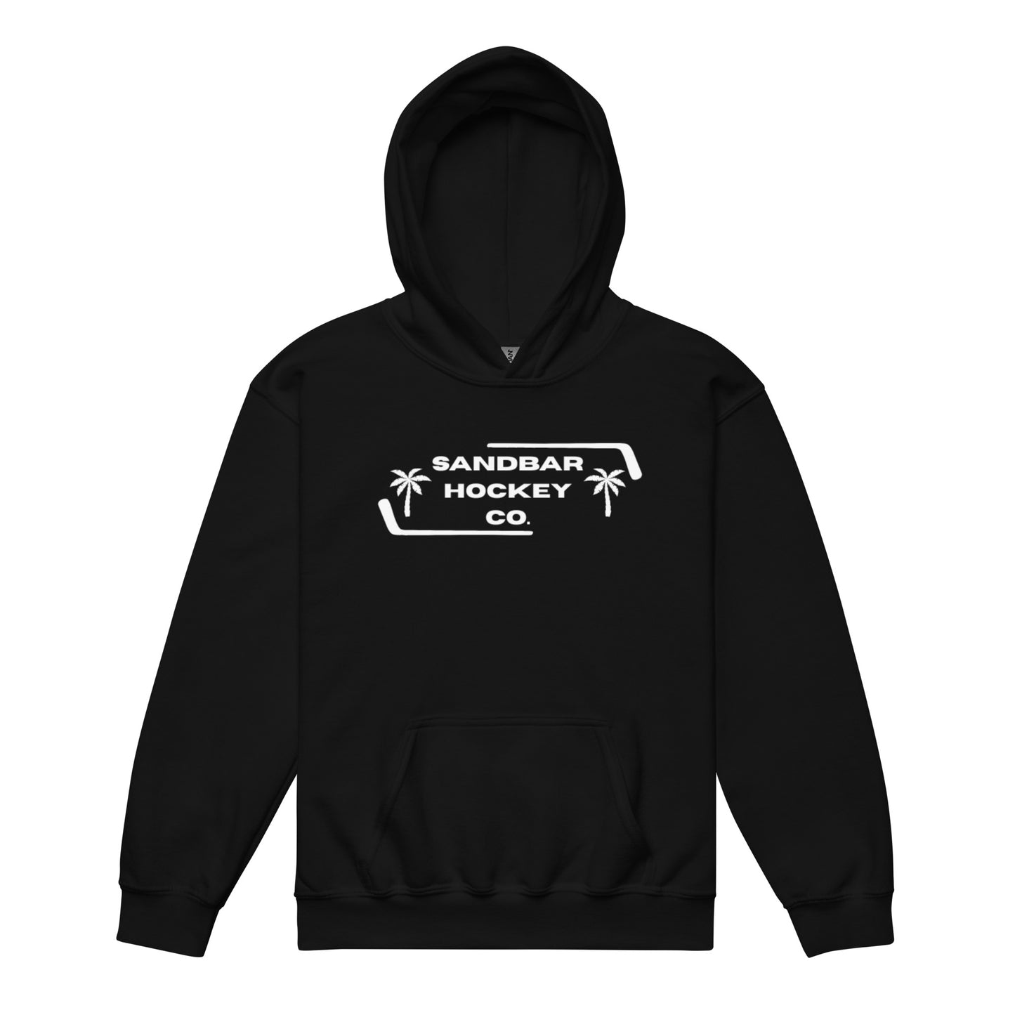 Black Palm Frame Youth Hoodie with white Sandbar Hockey Co. palm frame front logo