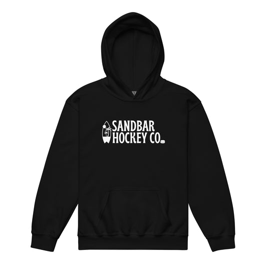 Black youth Surfside Hockey hoodie with white Sandbar Hockey Co. surfboard logo on the front