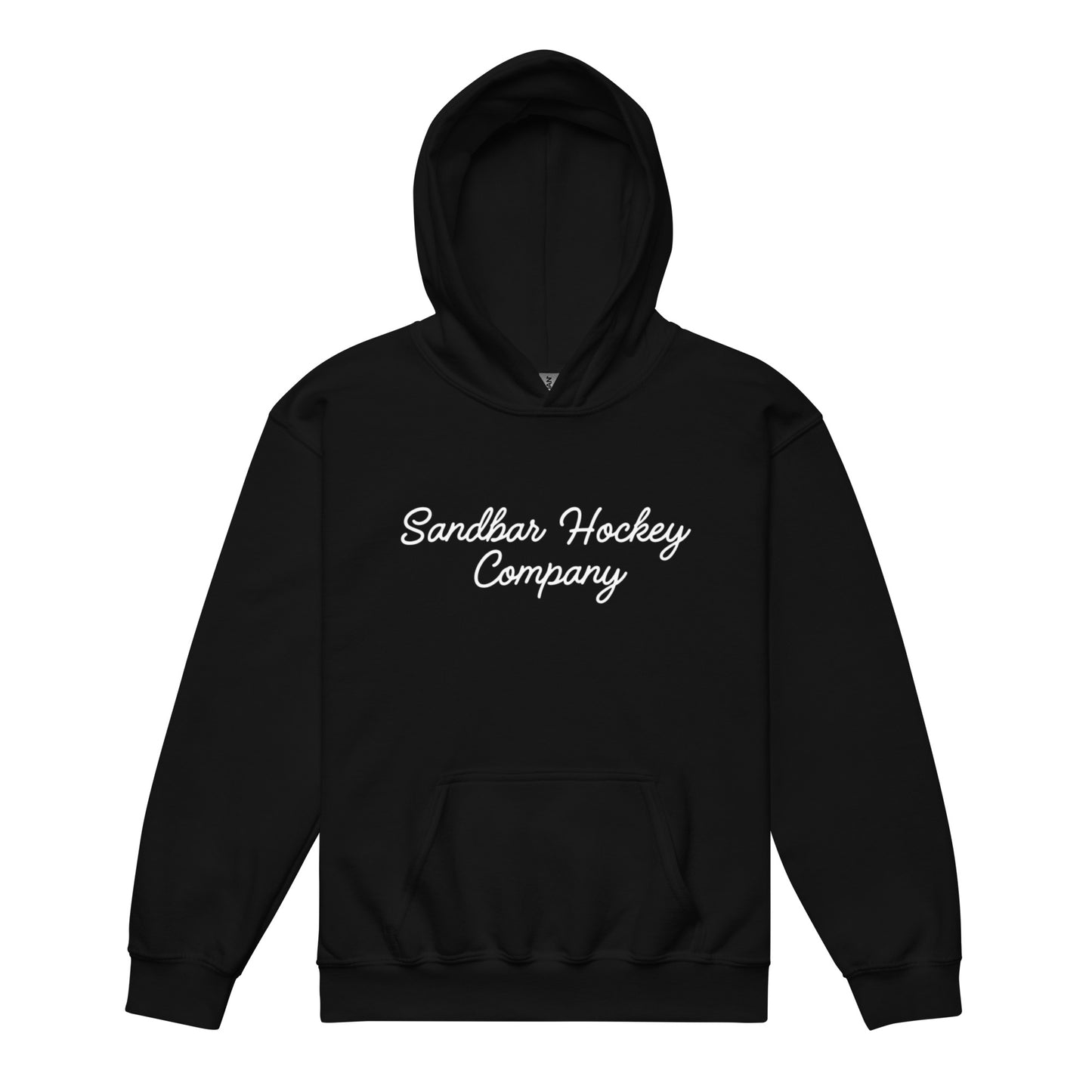 Black youth hoodie with “Sandbar Hockey Company” printed in white script across the front chest and a front kangaroo pocket.
