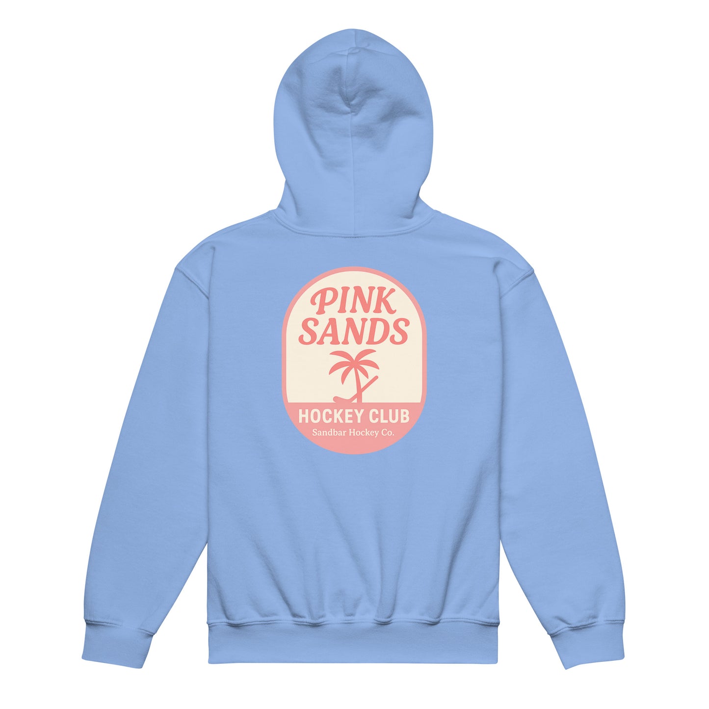 Light blue youth hockey hoodie back side with Pink Sands Hockey Club graphic 