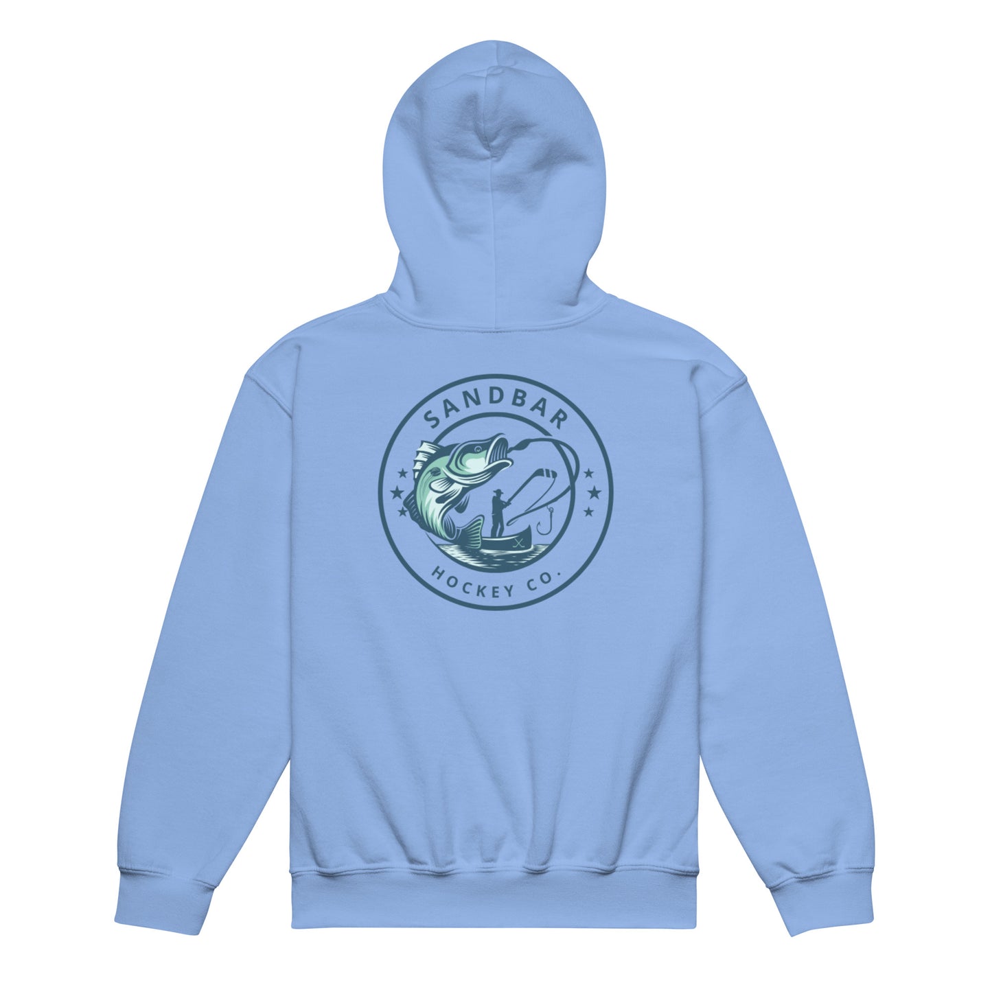 Carolina blue youth fishing hockey hoodie back side with large circular bass fishing logo and fisherman holding hockey stick silhouette