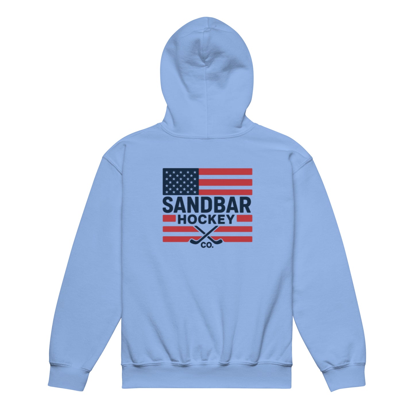 Carolina blue youth hockey hoodie front side with American flag hockey graphic, crossed sticks, and Sandbar Hockey Co. logo