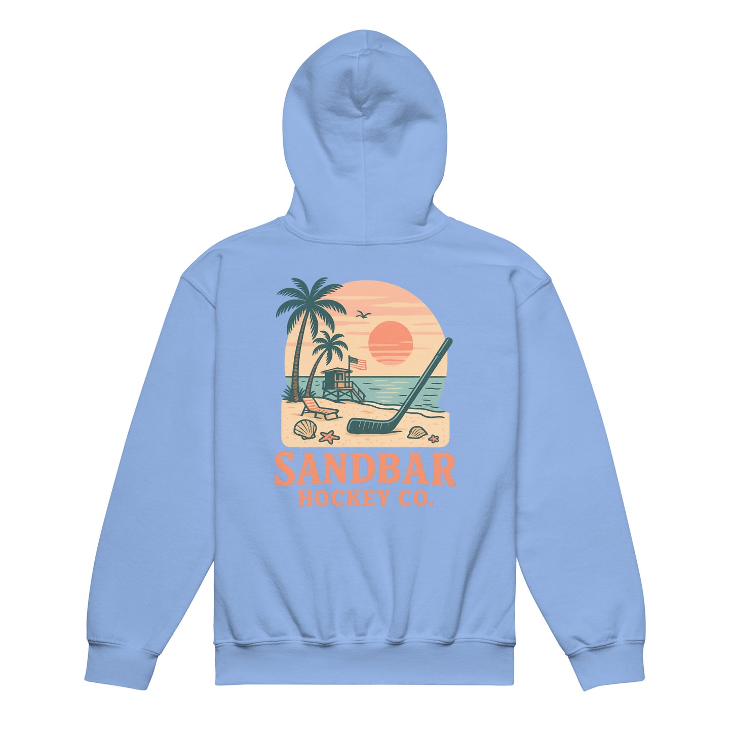 Carolina blue youth hockey hoodie back side with beach sunset graphic, palm trees, lifeguard stand, hockey stick, and Sandbar Hockey Co. text