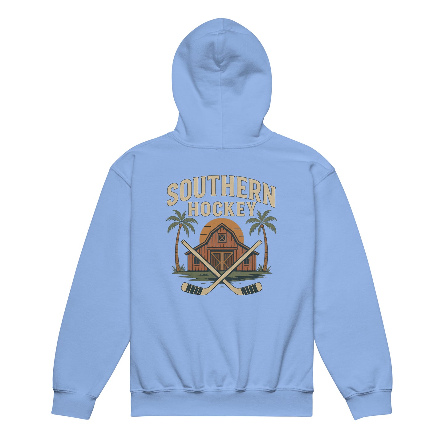 Carolina blue youth hockey hoodie back side with Southern Hockey barn graphic, crossed hockey sticks, palm trees, and sunset design