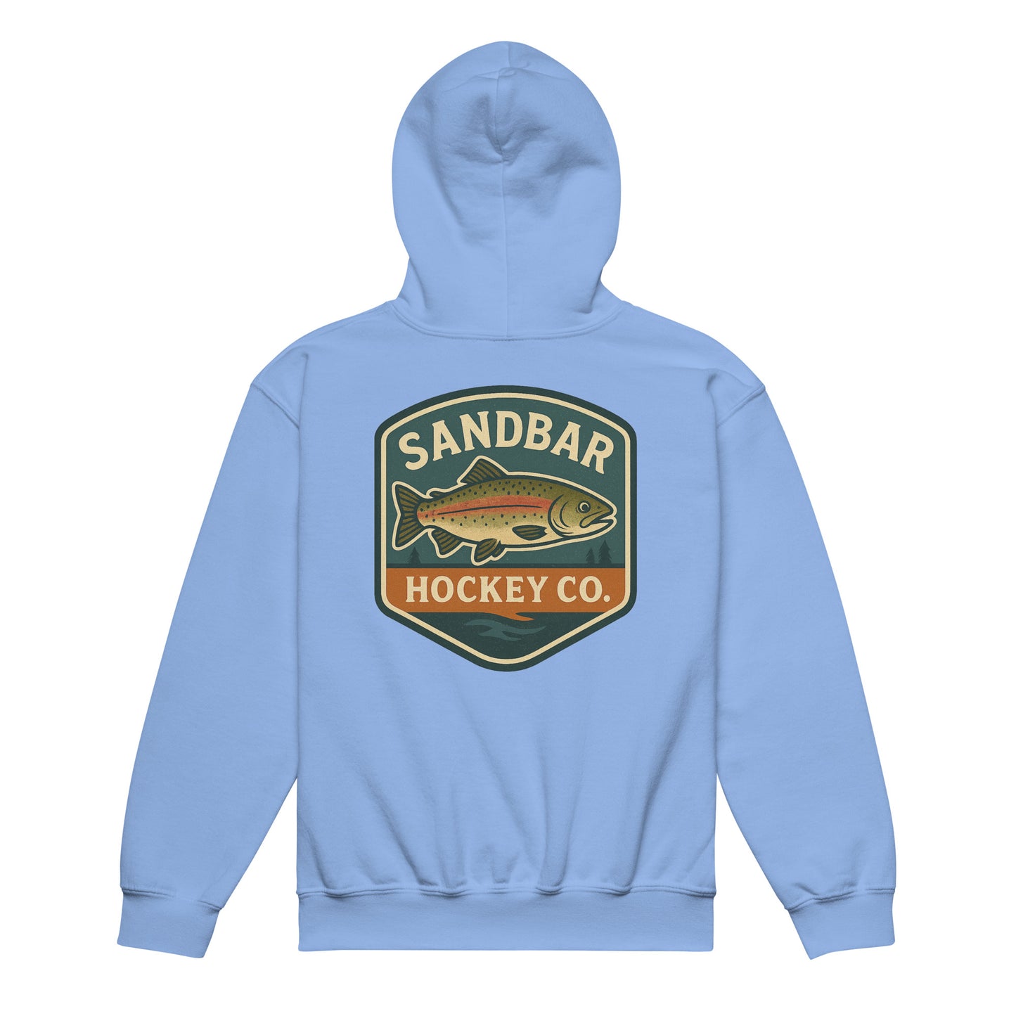 Light blue youth hockey hoodie back side with large trout badge graphic and Sandbar Hockey Co. text