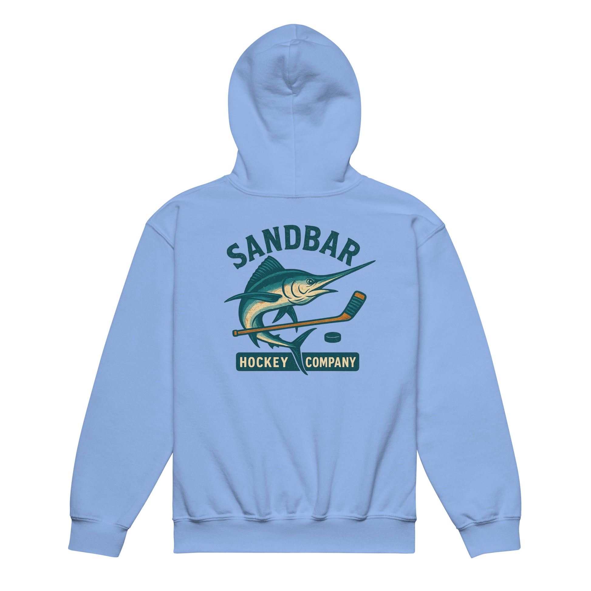 Carolina blue youth hockey hoodie back side with large marlin, hockey stick, and puck graphic with Sandbar Hockey Company text