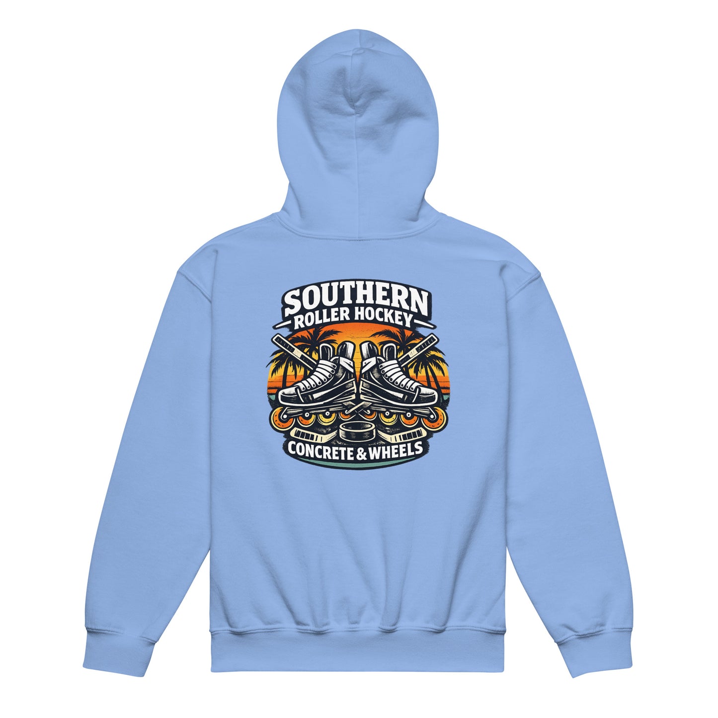 Carolina blue youth southern roller hockey hoodie back view with Southern Roller Hockey Concrete & Wheels graphic featuring inline skates, palm trees, sticks, and puck.