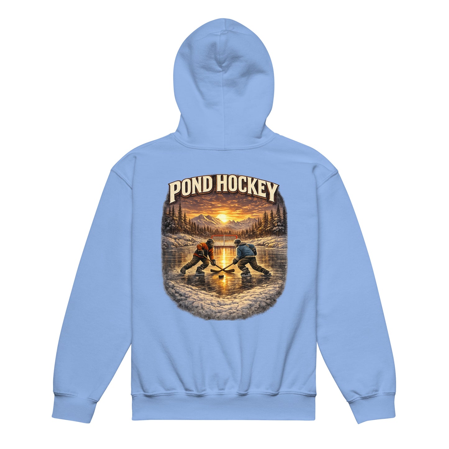 Carolina Blue youth hoodie with a large back graphic showing two hockey players on a frozen pond at sunset, with mountains, pine trees, a goal net, and “POND HOCKEY” in bold lettering above.