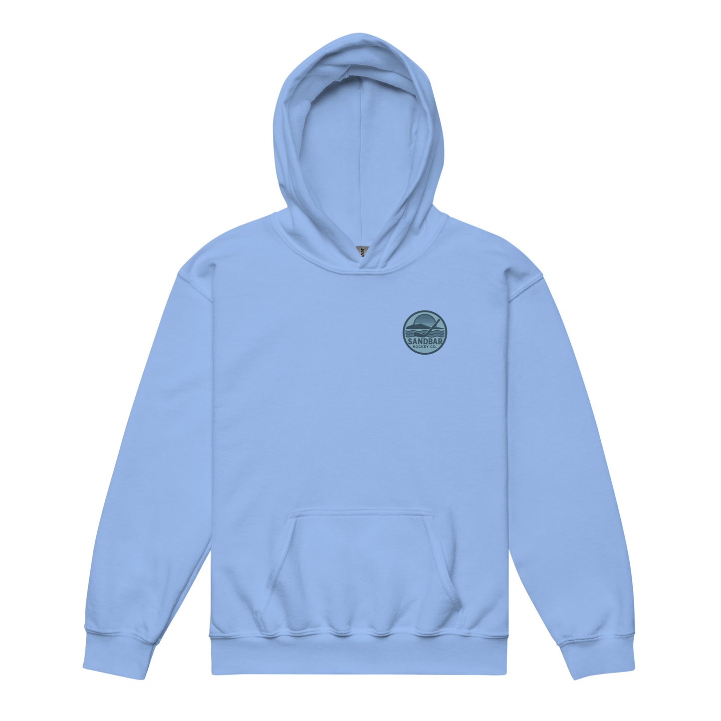 Carolina blue youth fishing hockey hoodie front side with small blue Sandbar Hockey logo