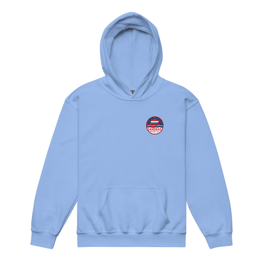 Carolina blue youth hockey hoodie front side with small circular patriotic Sandbar Hockey chest logo