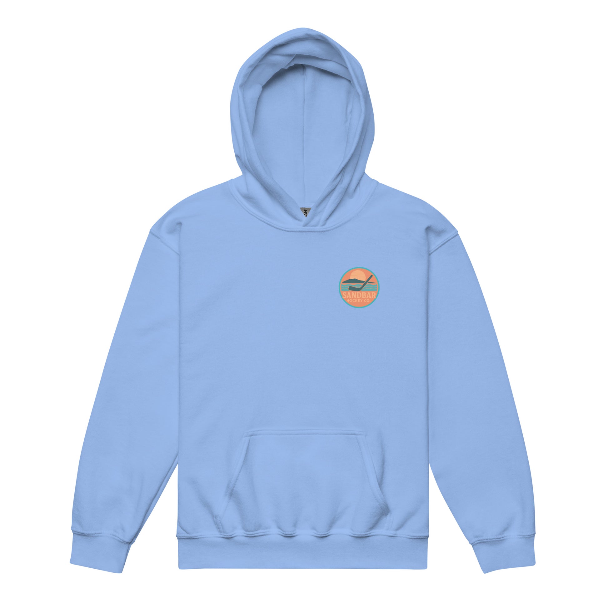 Carolina blue youth hockey hoodie front side with small circular Sandbar Hockey Co. sunset, water, island, and hockey stick chest logo