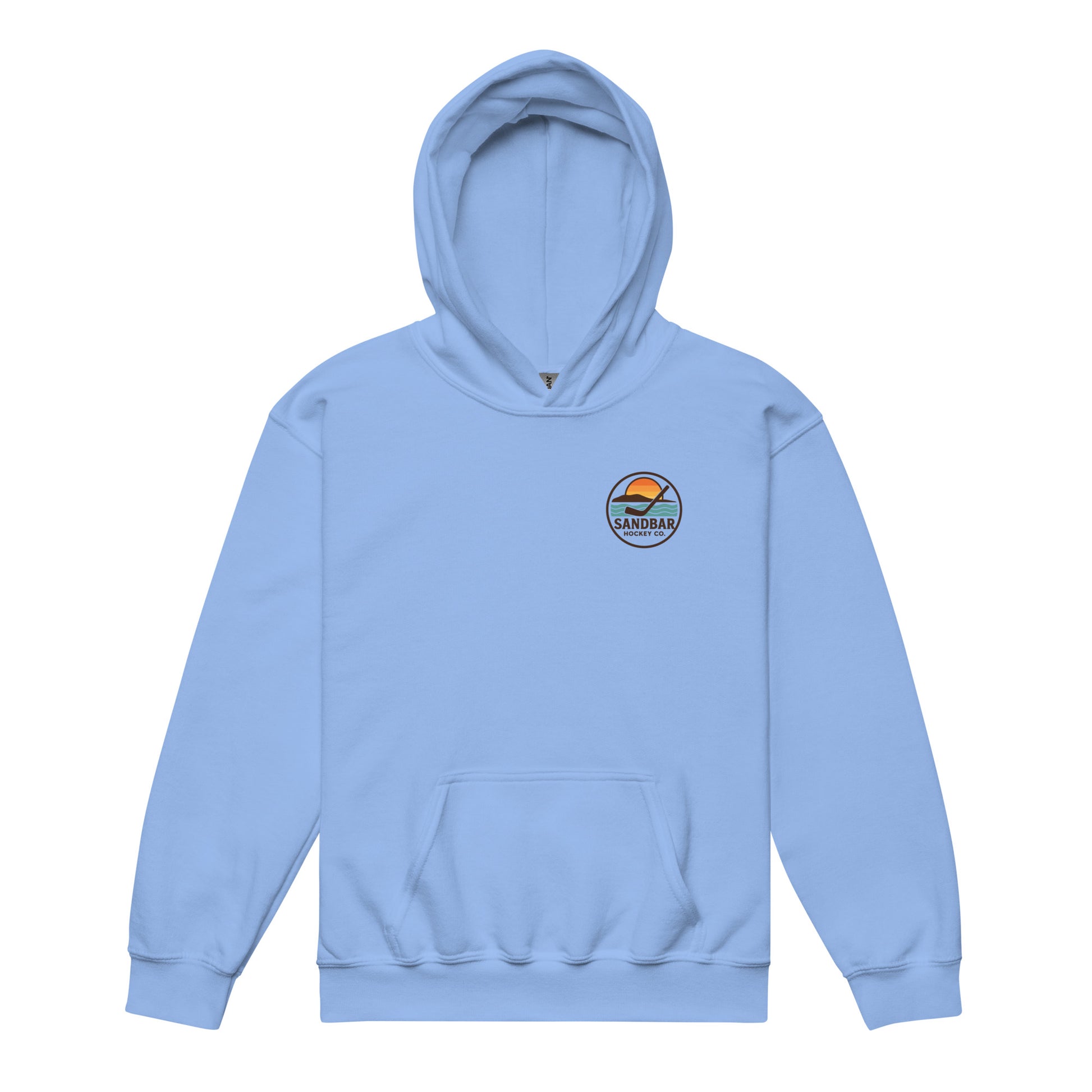 Carolina blue youth hockey hoodie front side with small circular Sandbar Hockey Co. sunset, water, island, and hockey stick chest logo