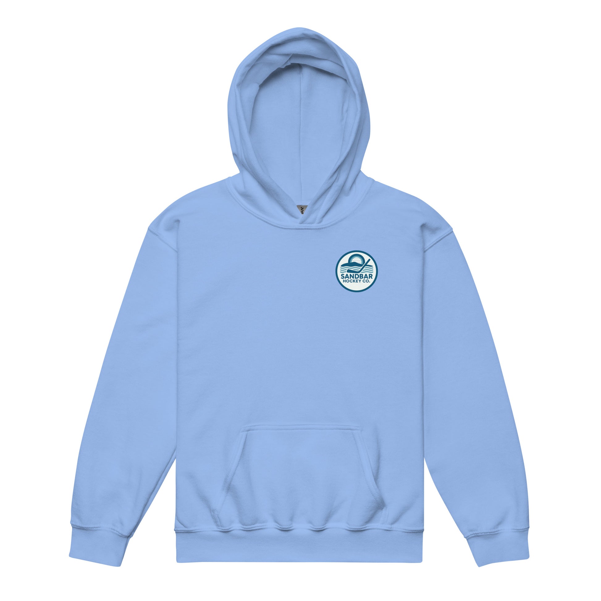 Carolina blue youth hockey hoodie front side with small circular Sandbar Hockey Co. chest logo featuring sunset, water, and hockey stick