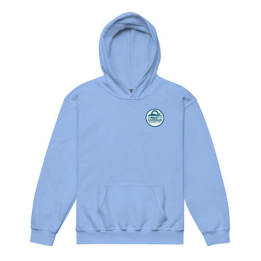 Carolina blue youth hockey hoodie front side with small circular Sandbar Hockey Co. chest logo featuring sunset, water, and hockey stick