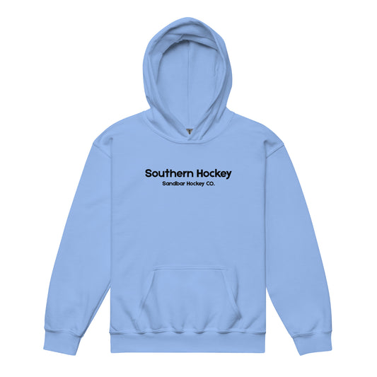 Carolina blue youth southern hockey hoodie front view with Southern Hockey Sandbar Hockey Co. text on the chest.