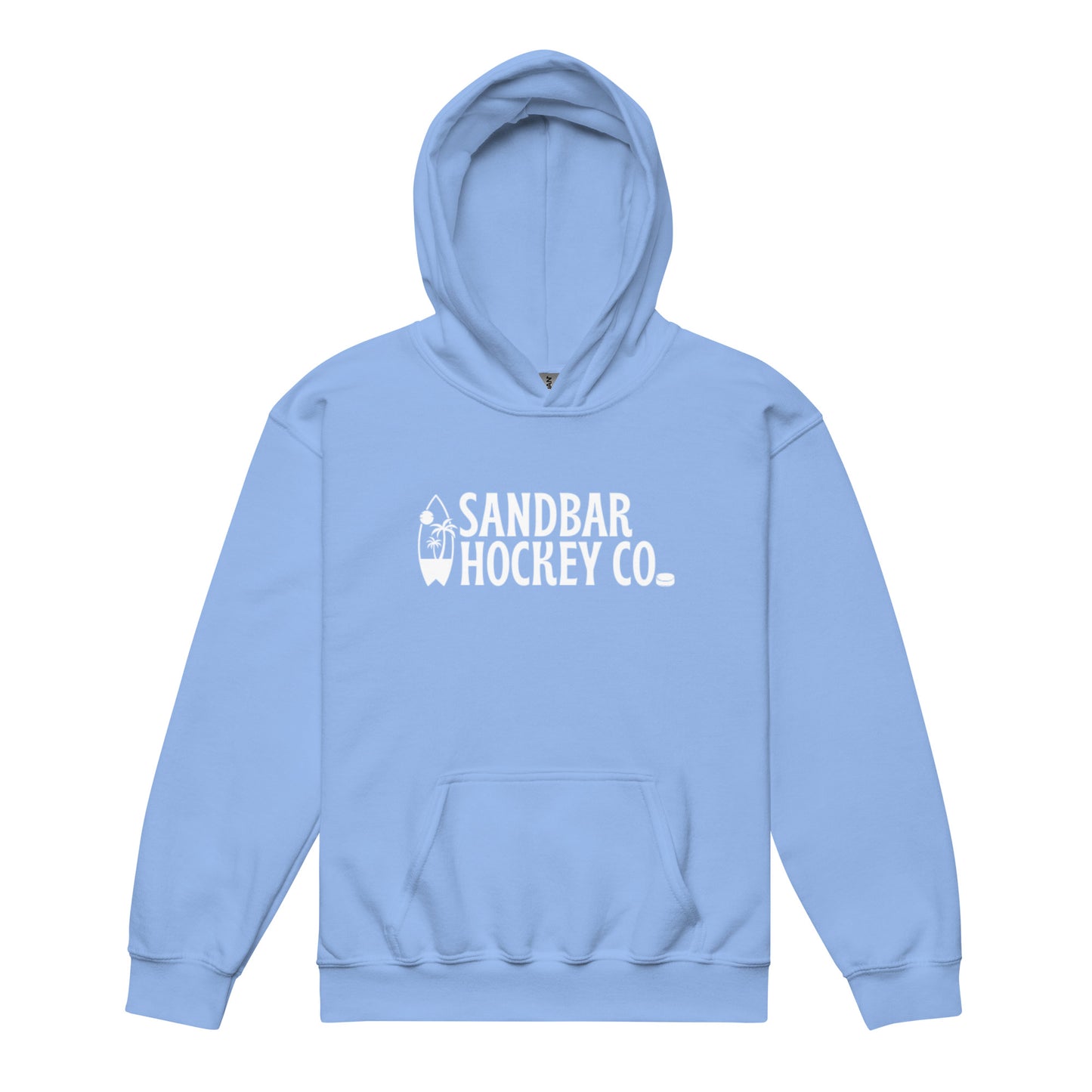 Carolina blue youth Surfside Hockey hoodie with white Sandbar Hockey Co. surfboard logo on the front