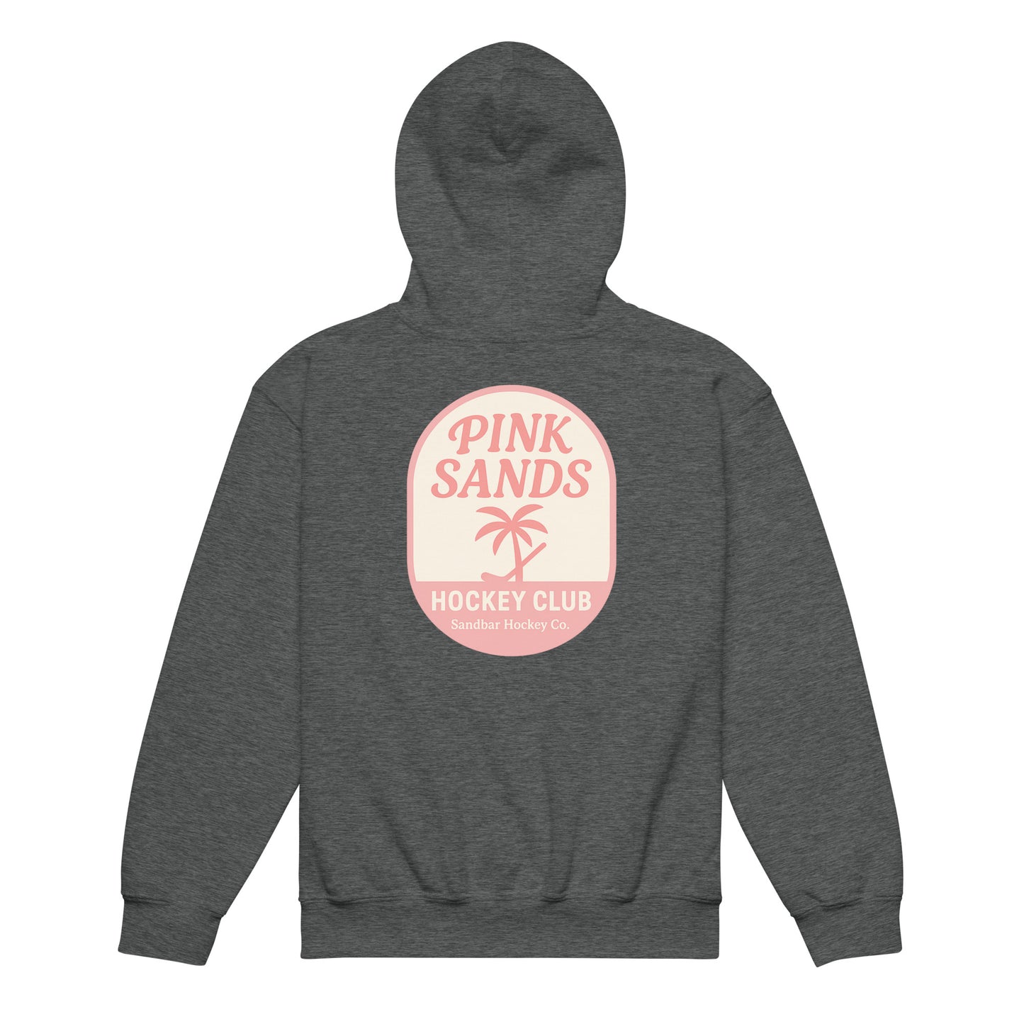 Charcoal youth hockey hoodie back side with Pink Sands Hockey Club graphic