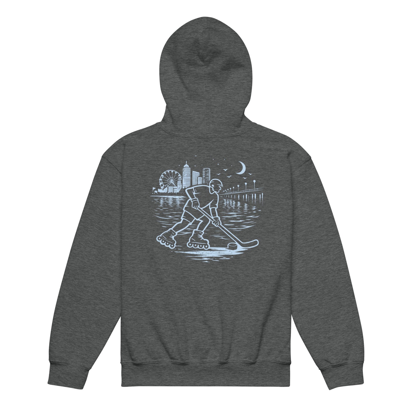 Youth grey roller hockey hoodie back view with baby blue waterfront roller hockey graphic featuring a skater, city skyline, ferris wheel, pier, moon, and water reflections.