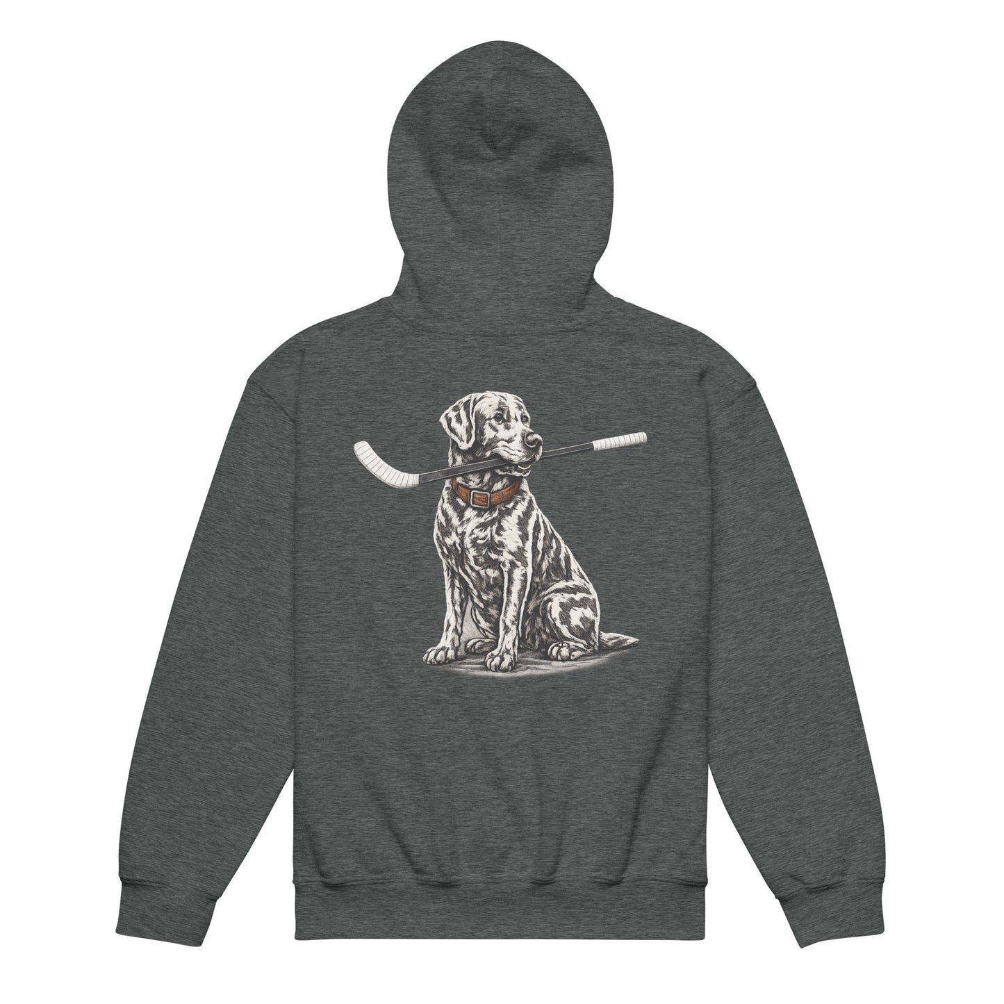 Dark heather youth hockey hoodie shown from the back, featuring the dog graphic holding a hockey stick across the back.