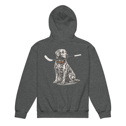 Dark heather youth hockey hoodie shown from the back, featuring the dog graphic holding a hockey stick across the back.