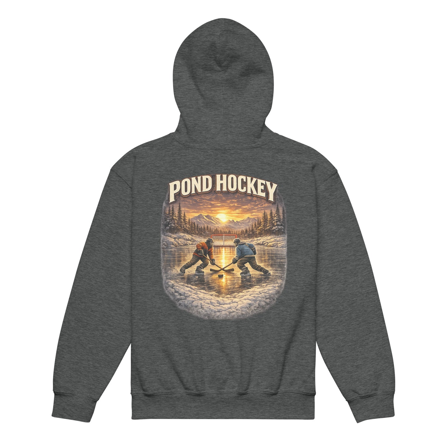Dark heather gray youth hoodie with a large back graphic showing two hockey players on a frozen pond at sunset, with mountains, pine trees, a goal net, and “POND HOCKEY” in bold lettering above.