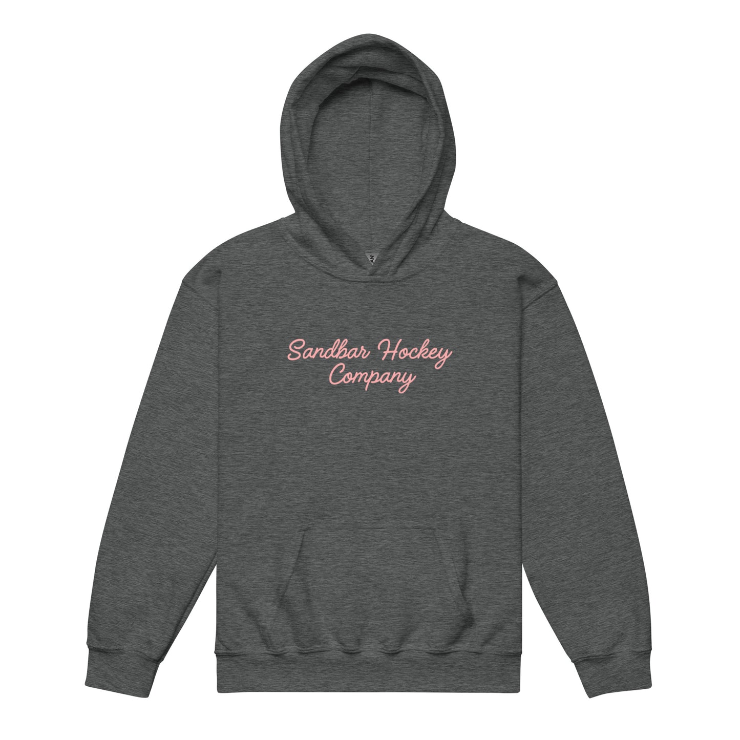 Charcoal youth hockey hoodie front side with pink Sandbar Hockey Company cursive logo