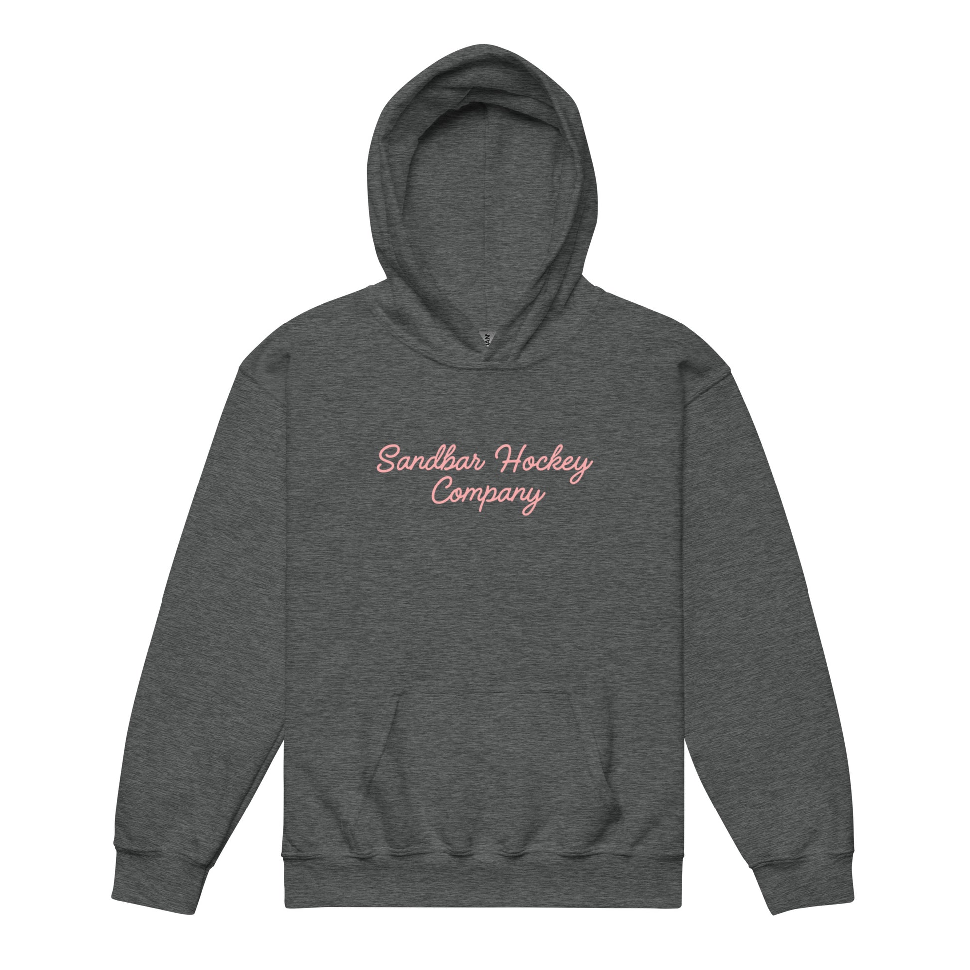 Charcoal youth hockey hoodie front side with pink Sandbar Hockey Company cursive logo