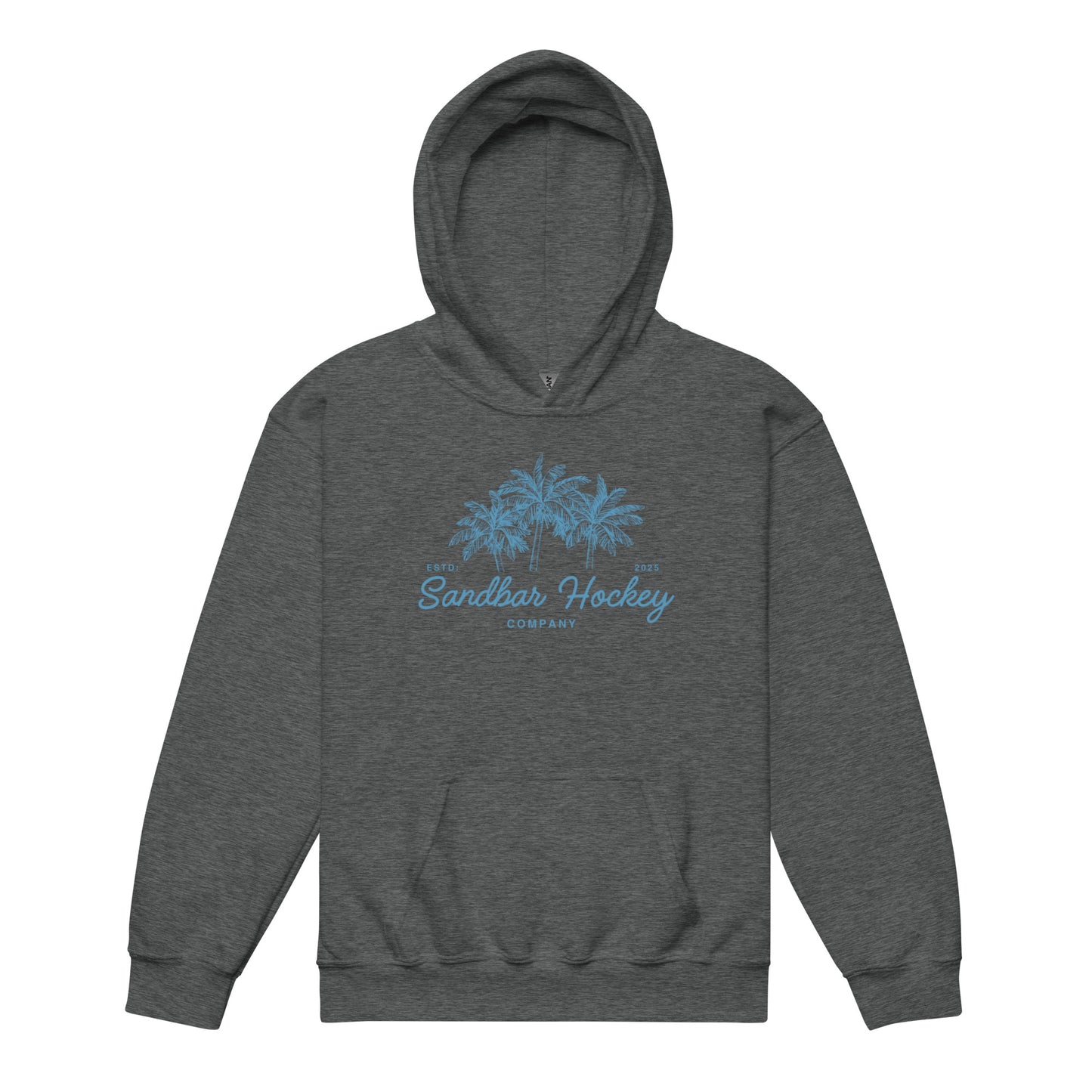 Charcoal youth hockey hoodie front side with blue palm tree graphic and Sandbar Hockey Company cursive logo
