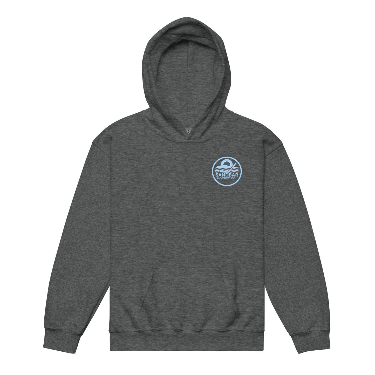 Youth grey roller hockey hoodie front angled view with baby blue Sandbar Hockey Co. chest logo.