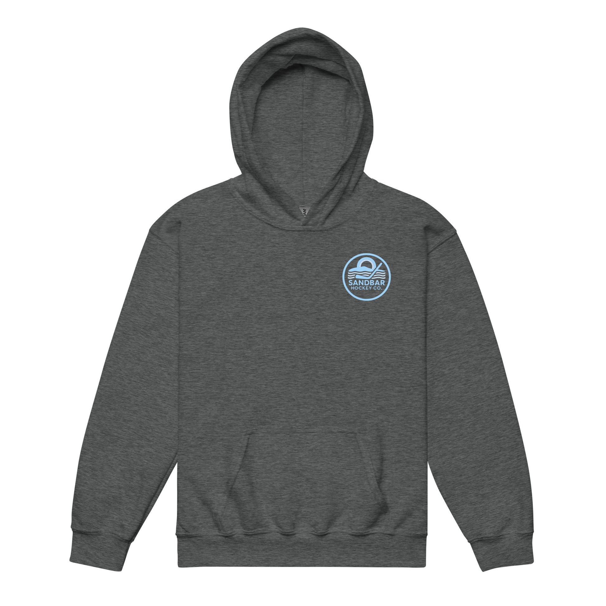 Youth grey roller hockey hoodie front angled view with baby blue Sandbar Hockey Co. chest logo.